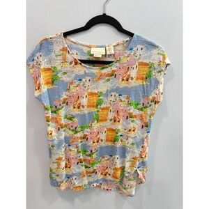 Cynthia Rowley 100% Linen Printed Top Medium Coastal Village Graphic